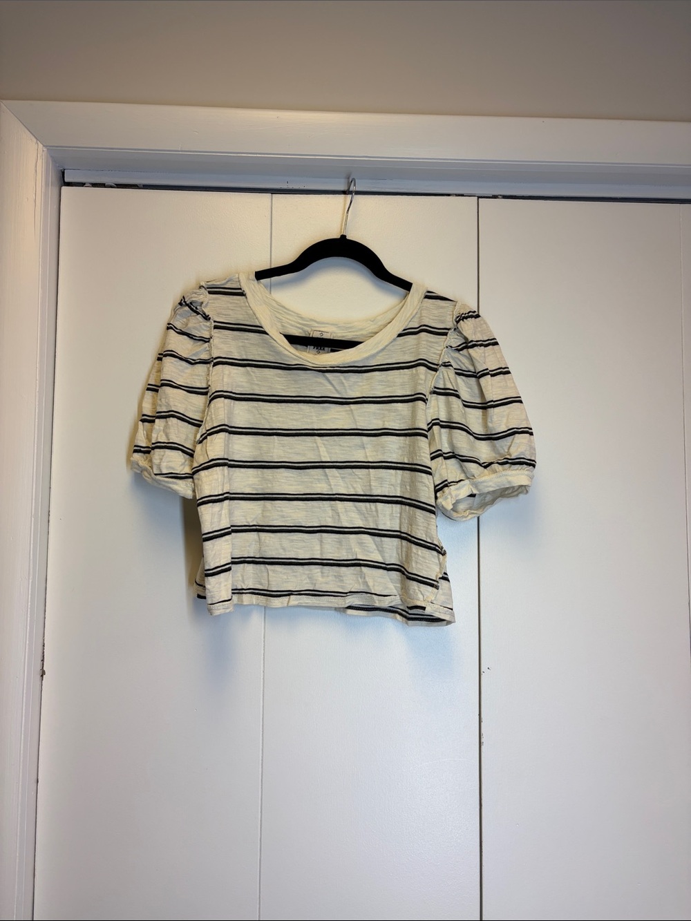 We The Free Striped Puff-Sleeve Crop Top - Cream & Black